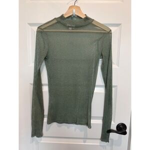 Willow + Root Womens Sage Green Metallic Mesh Mock Neck Long Sleeve Top Large